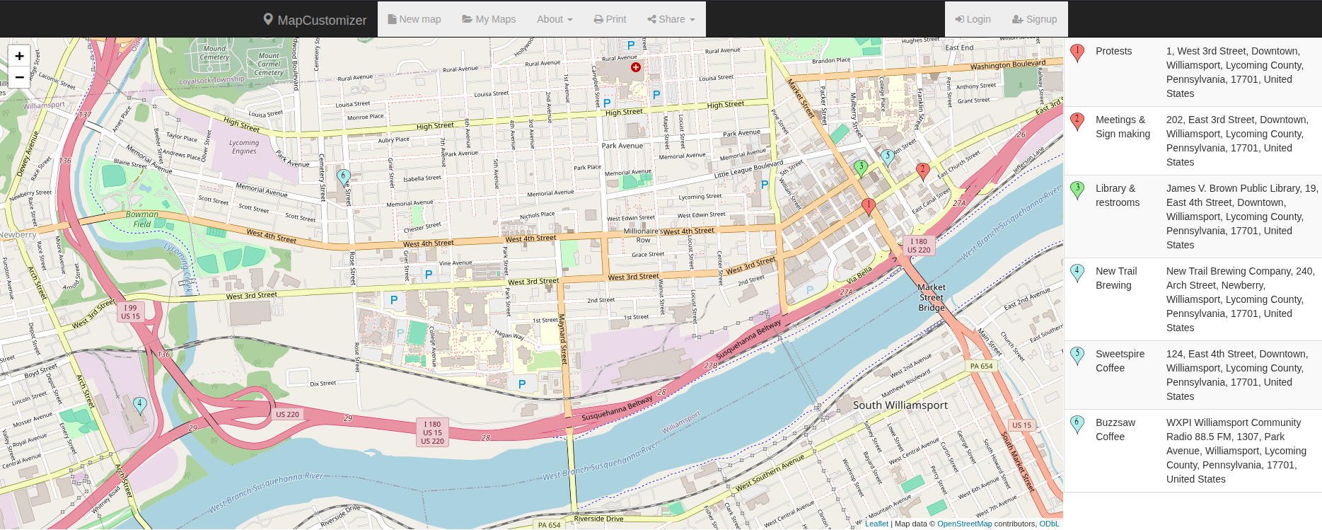 Map of Williamsport, PA, with key locations pinned on the map and labeled in a legend on the right.