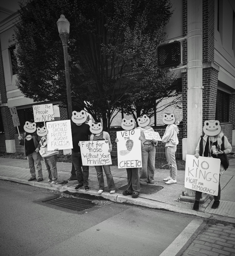 Black and white photo of protesters gathered in Williamsport for No Kings 2.0